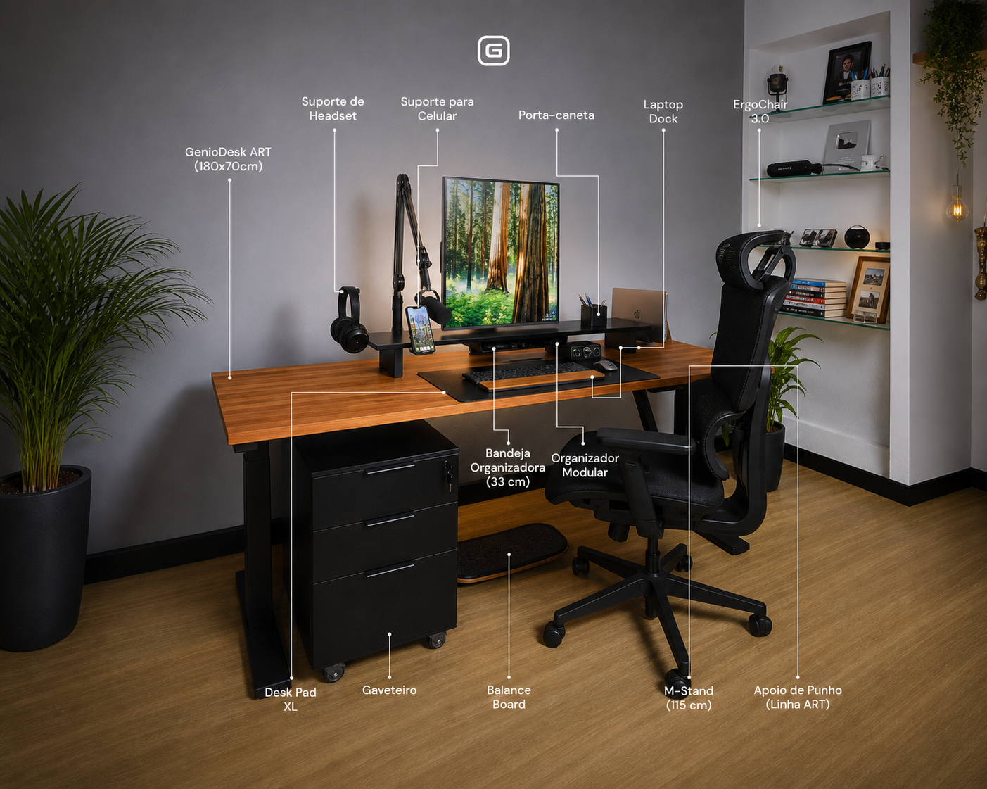 Setup GenioDesk ART com acessórios identificados